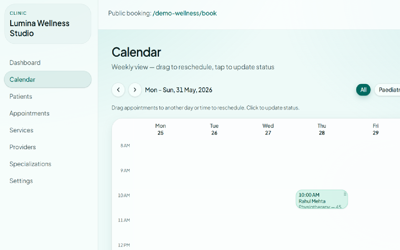 Clinith OS clinic calendar and day agenda