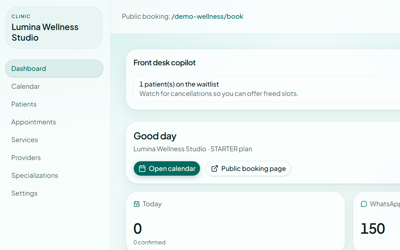 Clinith OS front-desk dashboard with today’s appointments and KPIs
